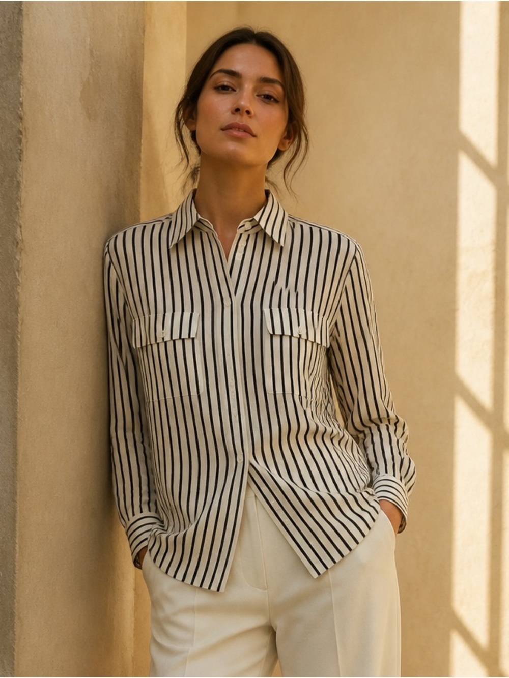 Chaus Cream and Black Striped Button-Up Blouse - Picture 2 of 15